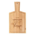 Bamboo serving board with cutout handle and engraved recipe quote