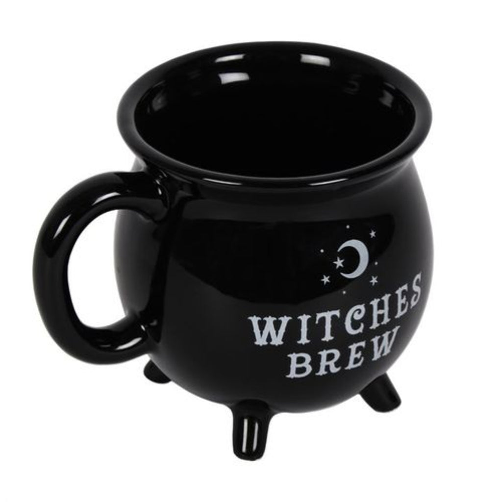Black mug with 'Witches Brew' text on a white background
