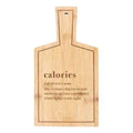 Bamboo serving board with hanging hole, engraved "calories" text
