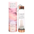 Rose quartz infused glass water bottle with copper lid and carry cord, crystal inside