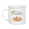 White enamel mug with Hello Pumpkin text and illustrated pumpkins