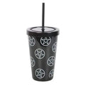 Black plastic tumbler with lid and straight straw, pentagram circle print