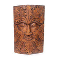 Carved acacia wood green man face wall decor, detailed leaf and vine relief