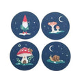 Round navy coaster set with gnome illustrations and stars (4)
