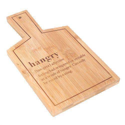 Bamboo serving board with engraved quote and hanging hole, angled view