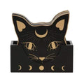 Cat face coaster set: black coasters with gold cat-face design on a holder