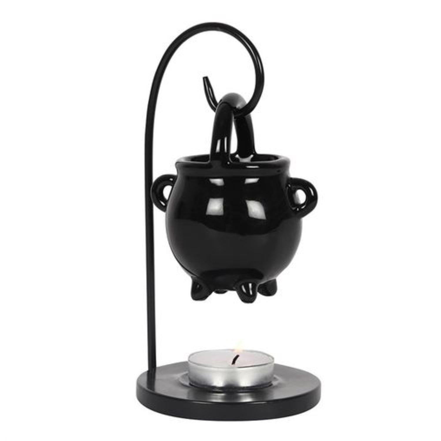 Black cauldron-shaped candle holder with a candle on a white background