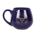 Navy ceramic mug with crescent moon and quote design, rounded handle