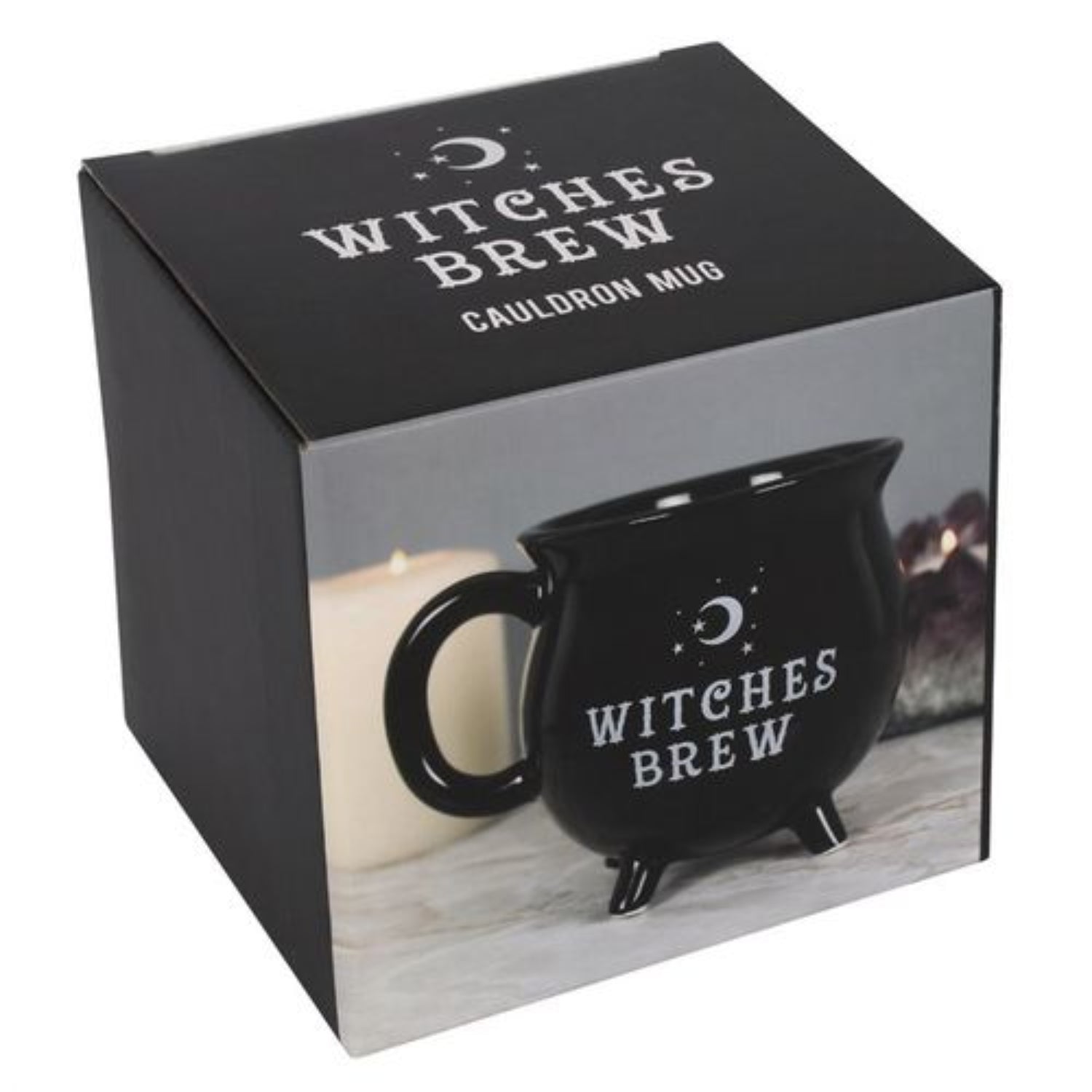 Black 'Witches Brew' cauldron mug in packaging with a white background
