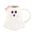 White ghost-shaped ceramic mug with pink bow and purple face