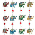 Assorted hanging elephant ornaments with bell and beaded string, multicolor designs.