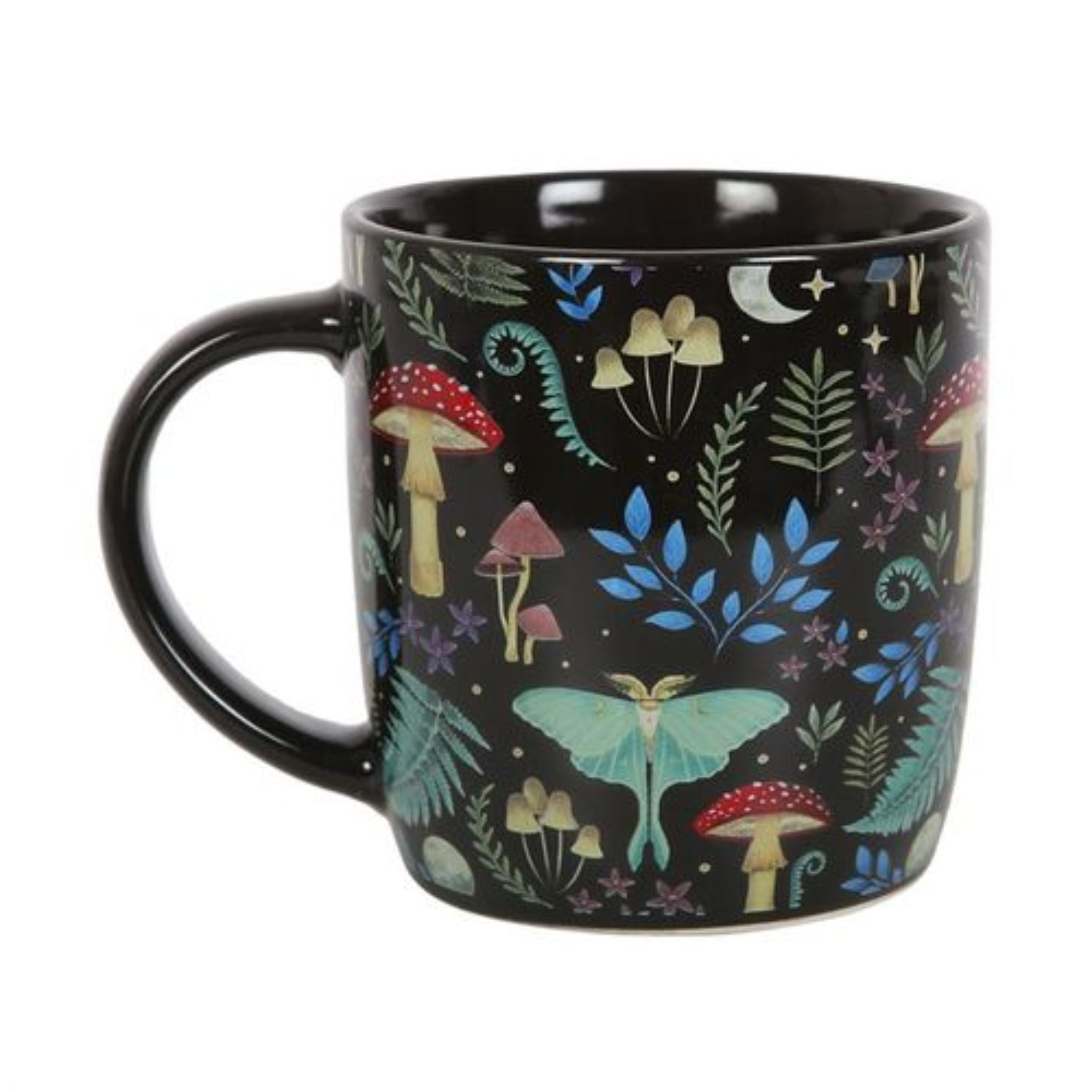 Black mug with colorful forest-themed design featuring mushrooms and leaves on a white background
