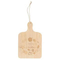 Light bamboo serving board with hanging cord and “Pumpkin Season” leaf and pumpkin graphic