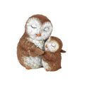 Brown owl mother and baby ornament, eyes closed, hugging pose with white belly detail.