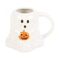 White speckled ghost-shaped mug with carved pumpkin face and side handle
