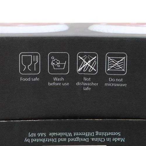 Salt and pepper shaker set box shows food safe and care instructions symbols