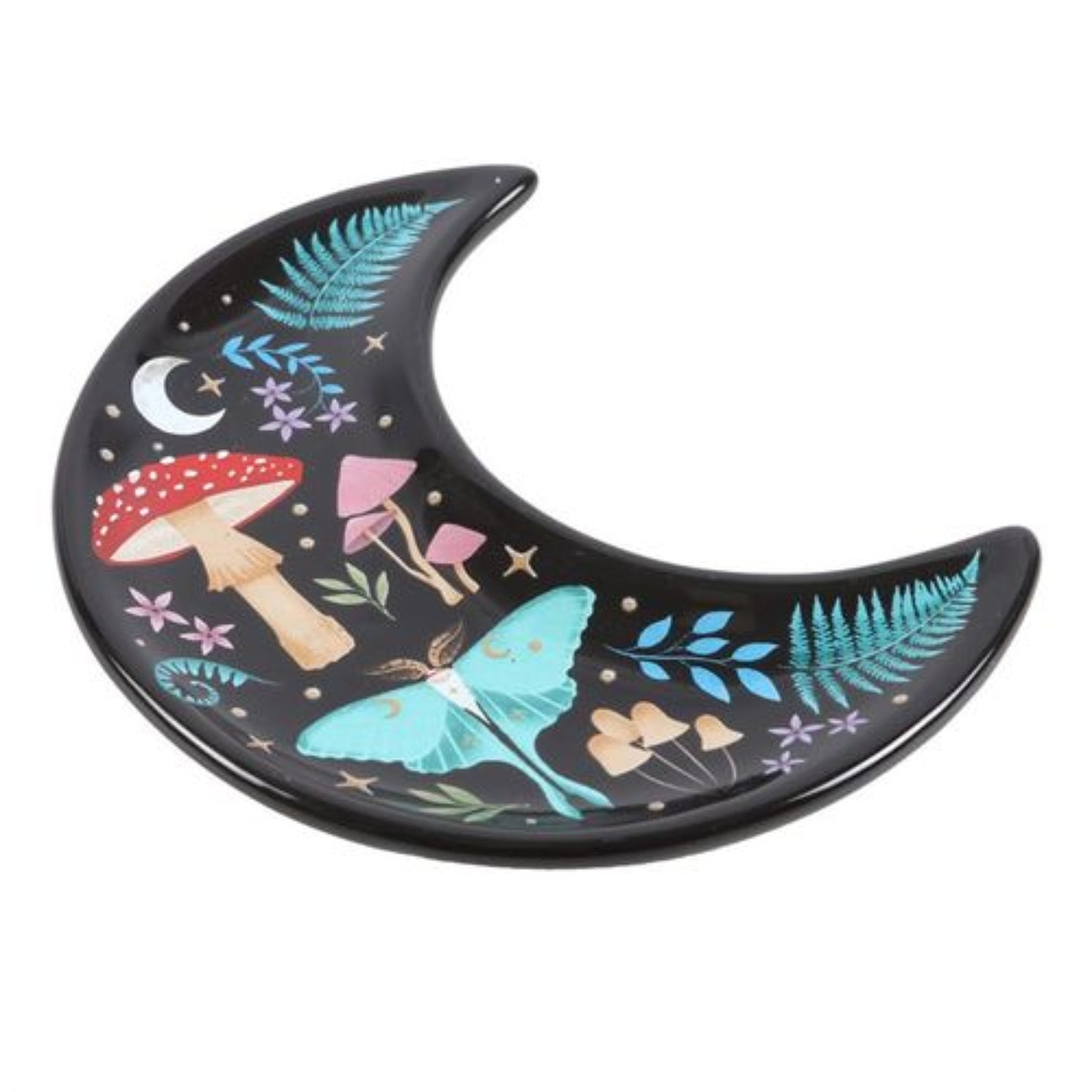 Decorative plate shaped like a crescent moon with fairy-themed illustrations on a white background.