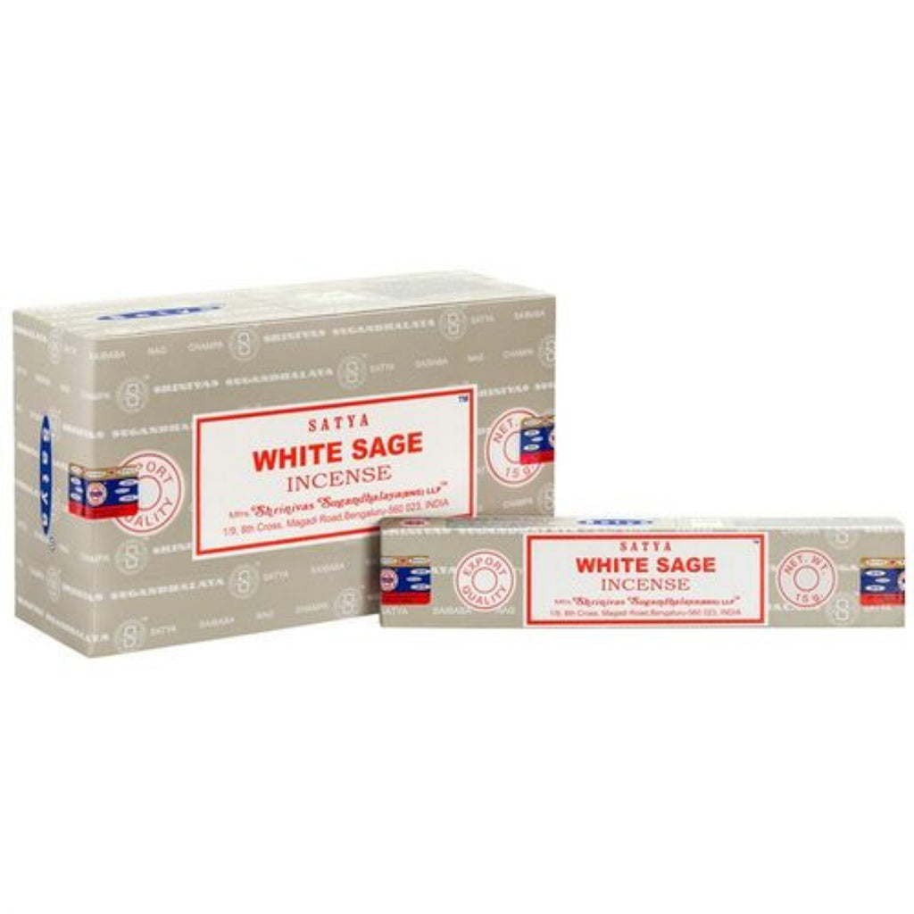 Two boxes of Satya White Sage Incense on a white background