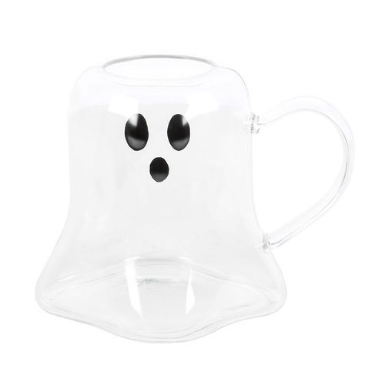 Clear ghost-shaped mug with black eyes and mouth on a white background
