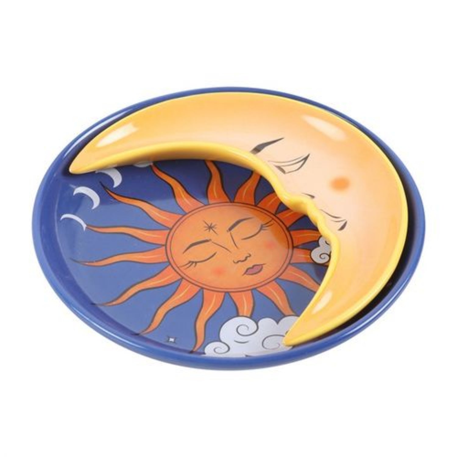 Decorative plate with sun and moon design on a white background