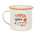 White enamel mug with orange rim; “PUMPKIN SPICE” and “everything NICE” text on front