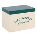 Seed packet storage box, white with teal lid and 'SEED PACKETS' label