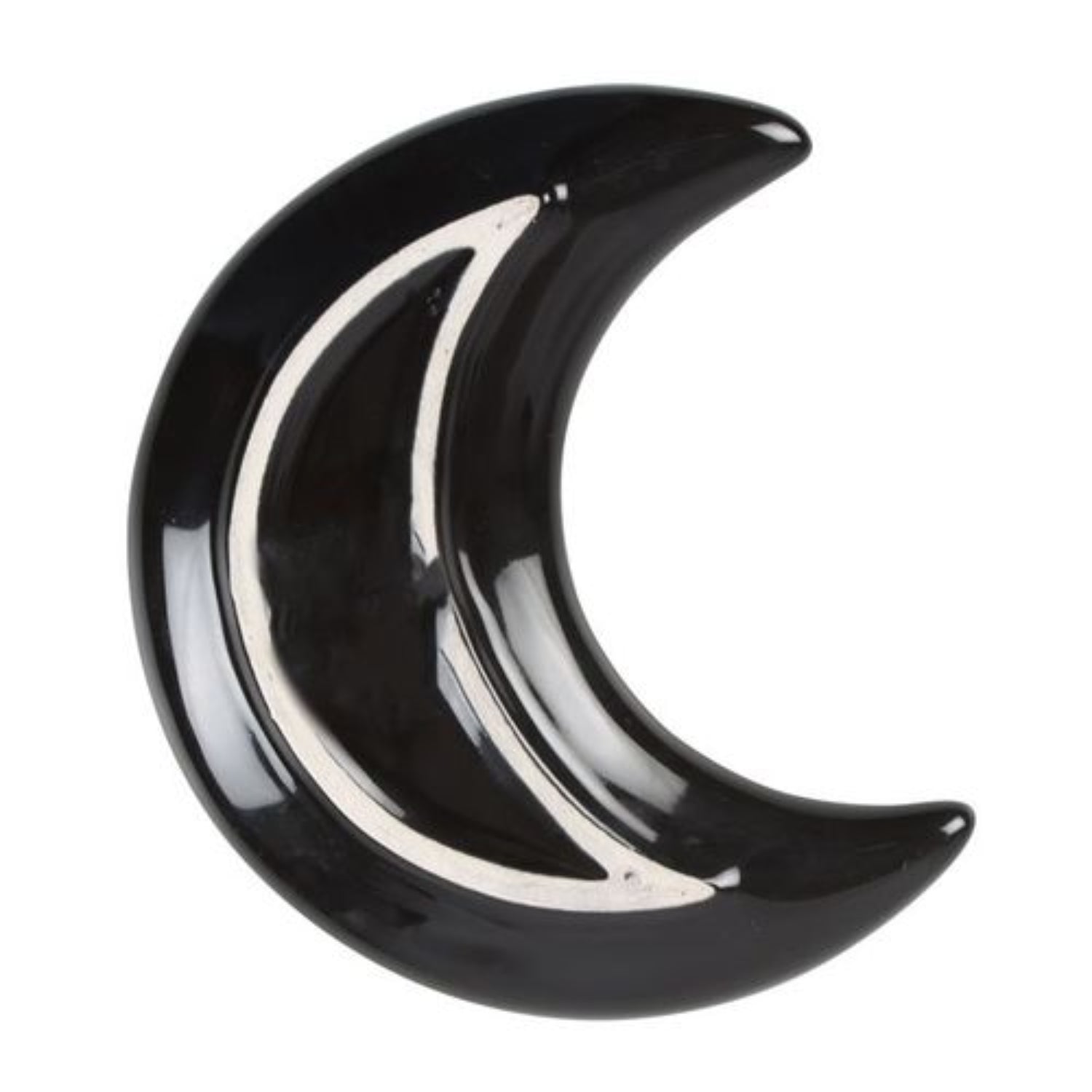 Black ceramic crescent moon dish on a white background