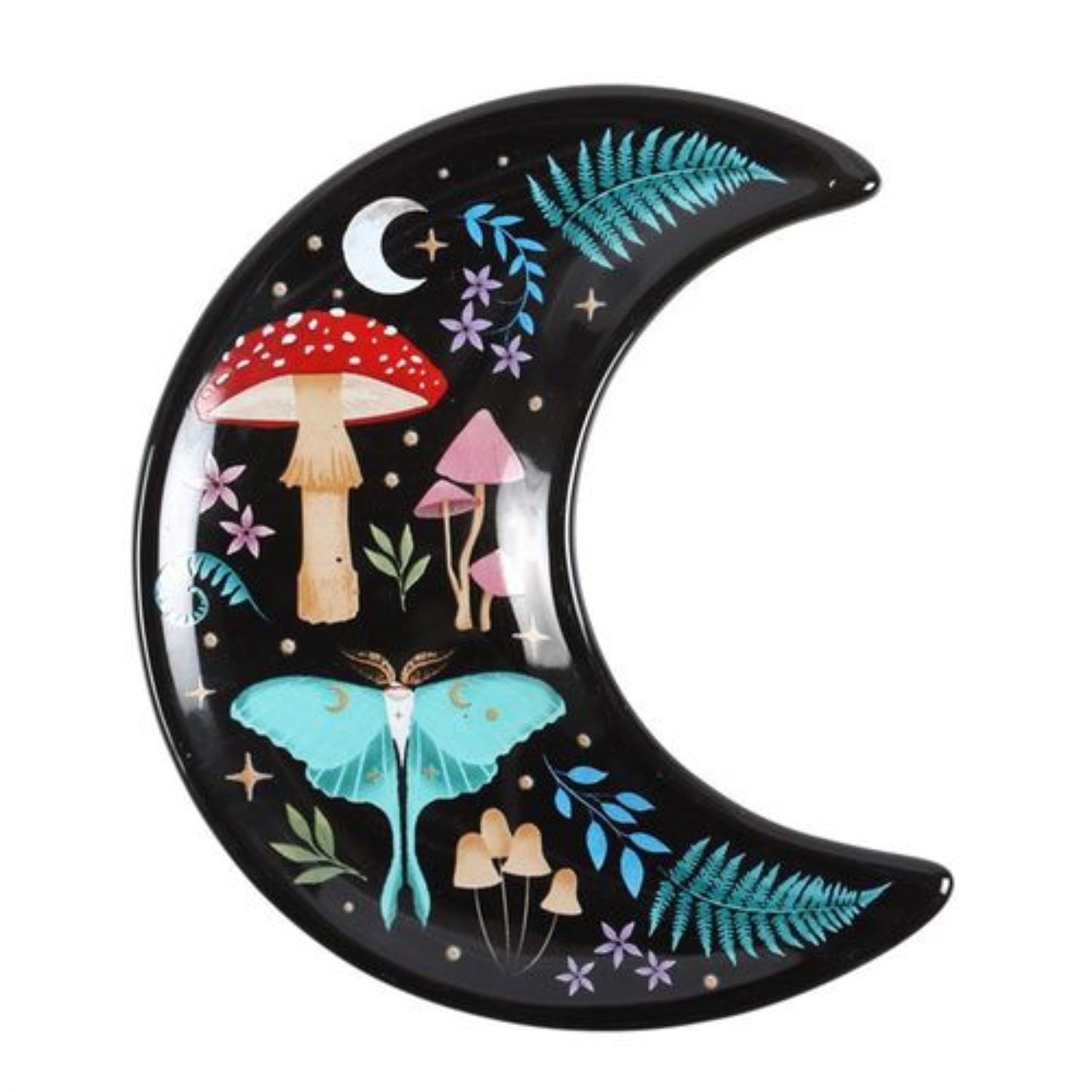 Decorative moon-shaped plate with mushrooms and a butterfly on a black background