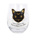 Stemless wine glass with black cat graphic and “Don’t distract me” quote text