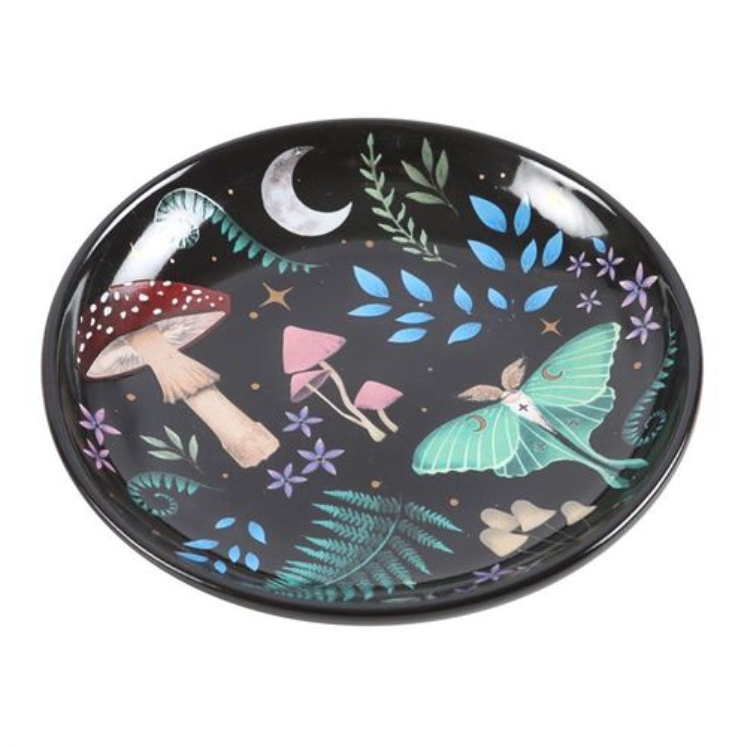 Decorative plate with fairy, mushrooms, and butterfly design on a black background