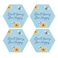Blue hexagonal coaster set with 'Don't Worry Bee Happy' text, bee and flower graphics (4)