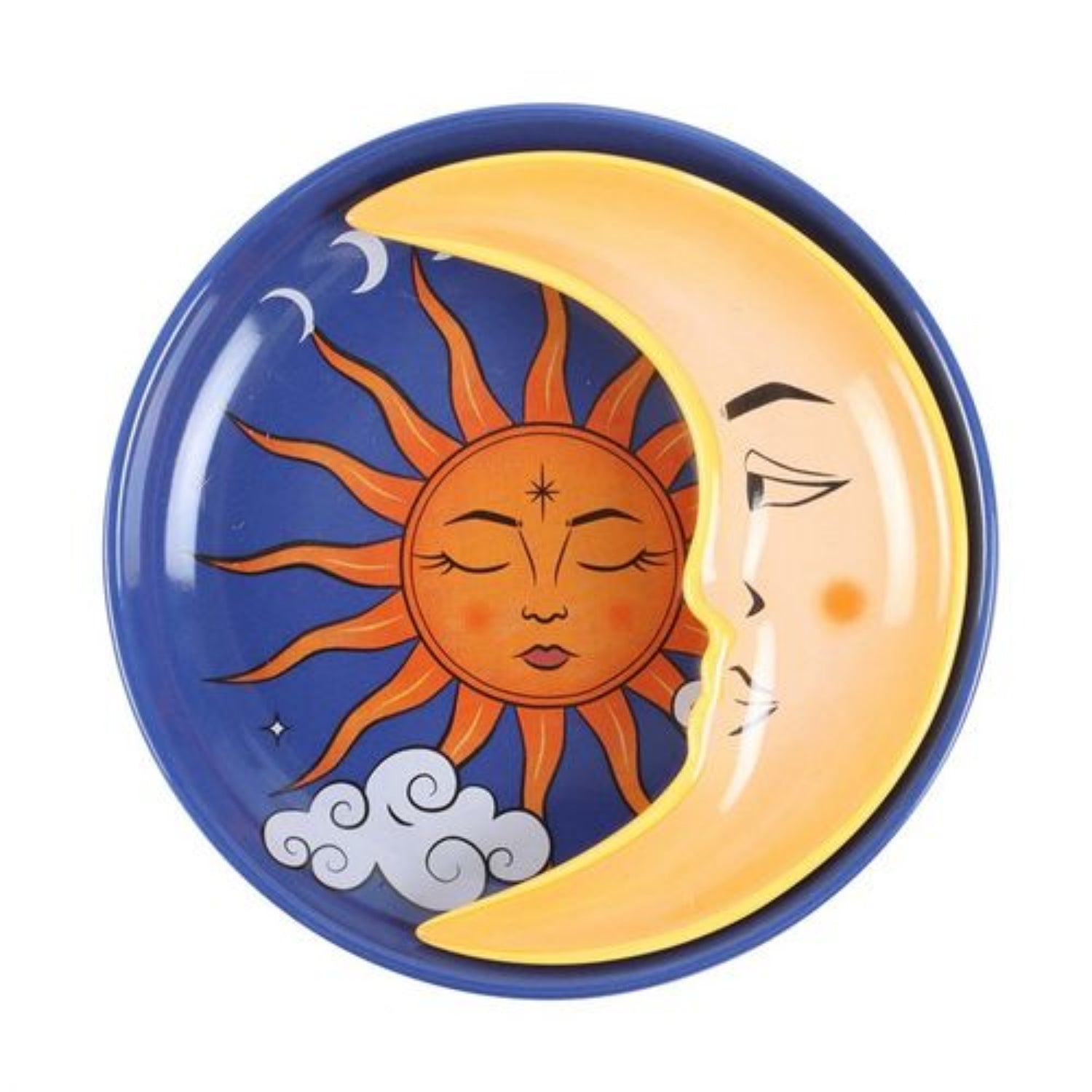 Decorative plate with sun and moon design on a white background