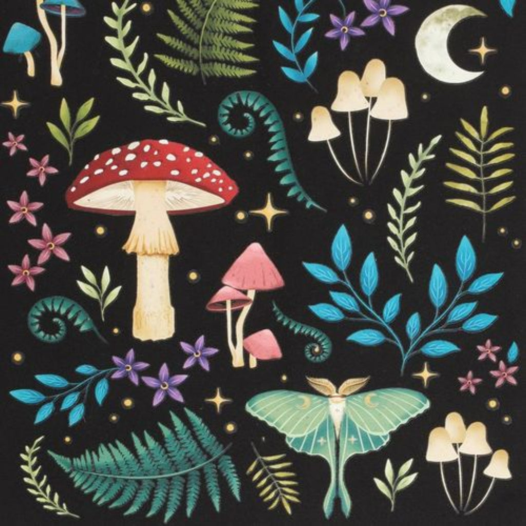 Folklore-themed design with mushrooms, flowers, and a moon on a black background