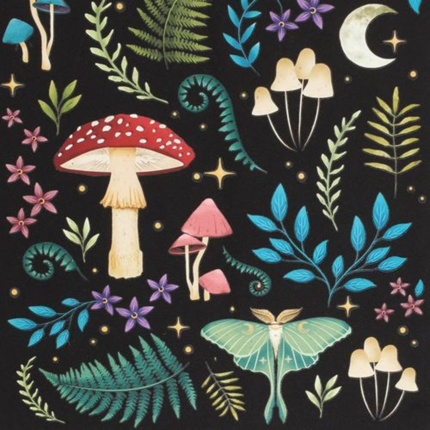 Folklore-themed design with mushrooms, flowers, and a moon on a black background