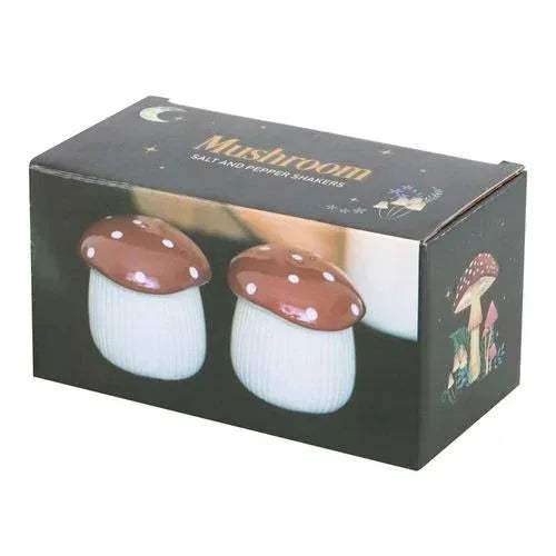 Mushroom salt and pepper shaker set box packaging with red cap shaker illustration