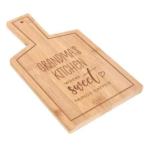 Bamboo serving board with handle and engraved “Grandma’s Kitchen Sweet” wording.