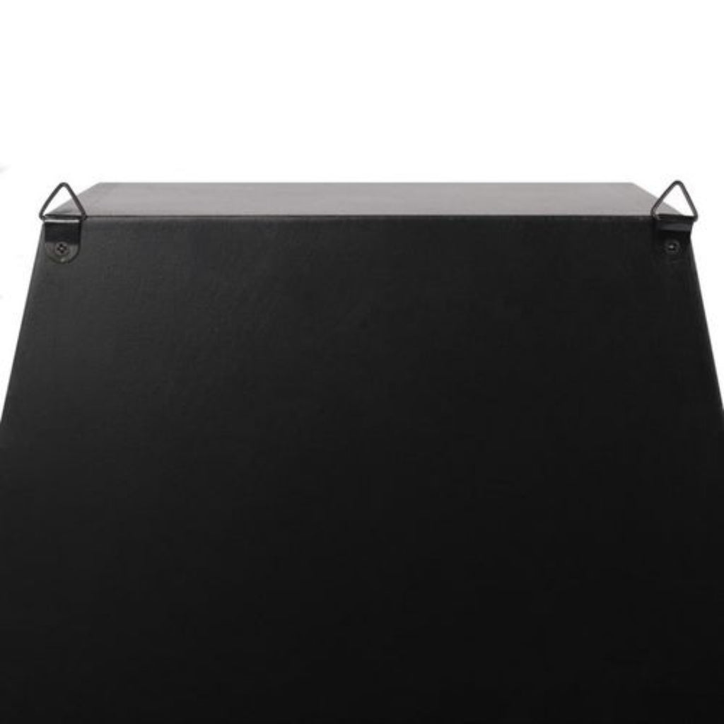 Black shelf with metal brackets on a white background