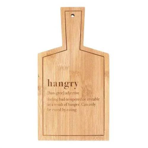 Bamboo serving board with hanging hole and engraved quote in center