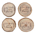 Set of four wooden log coasters with 'Eat, drink and be Merry' print