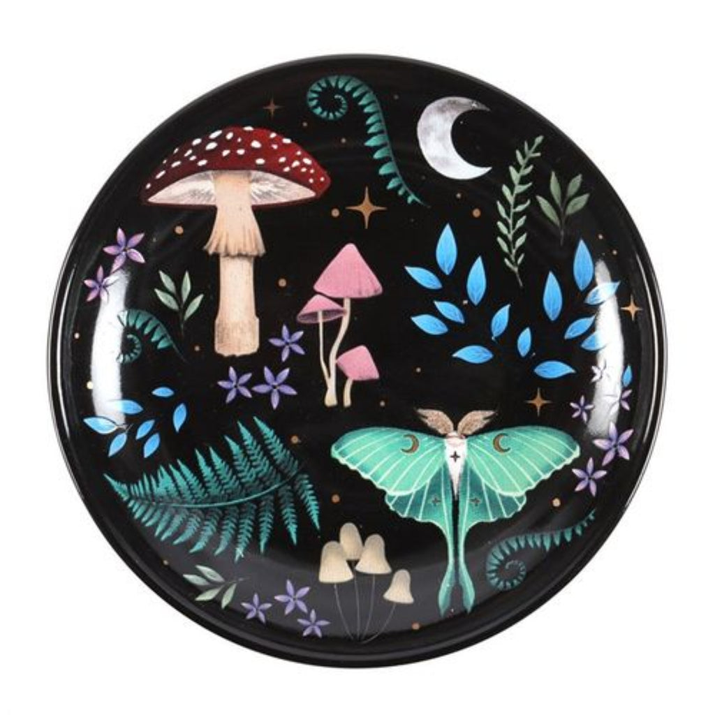 Decorative plate with mushrooms, a butterfly, and foliage on a black background