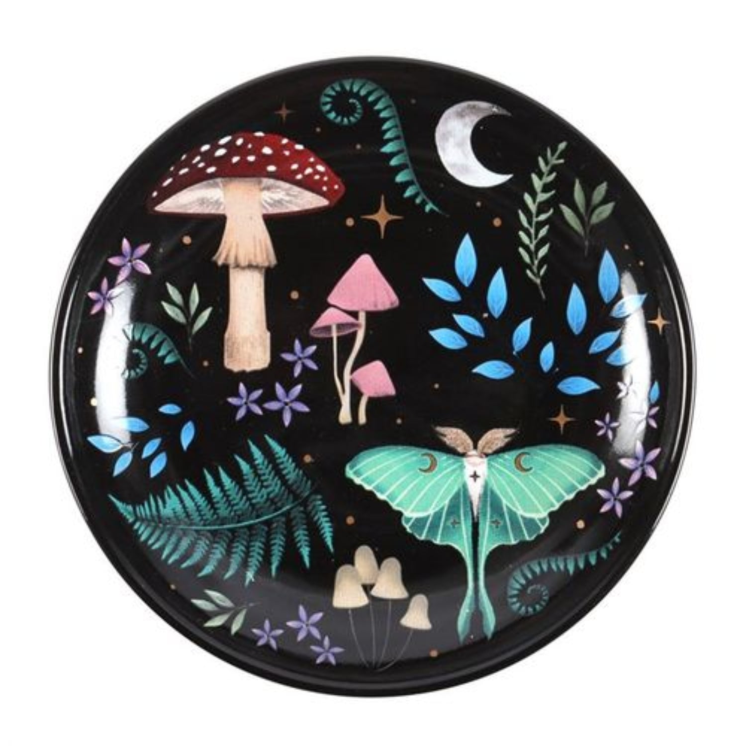 Decorative plate with mushrooms, a butterfly, and foliage on a black background