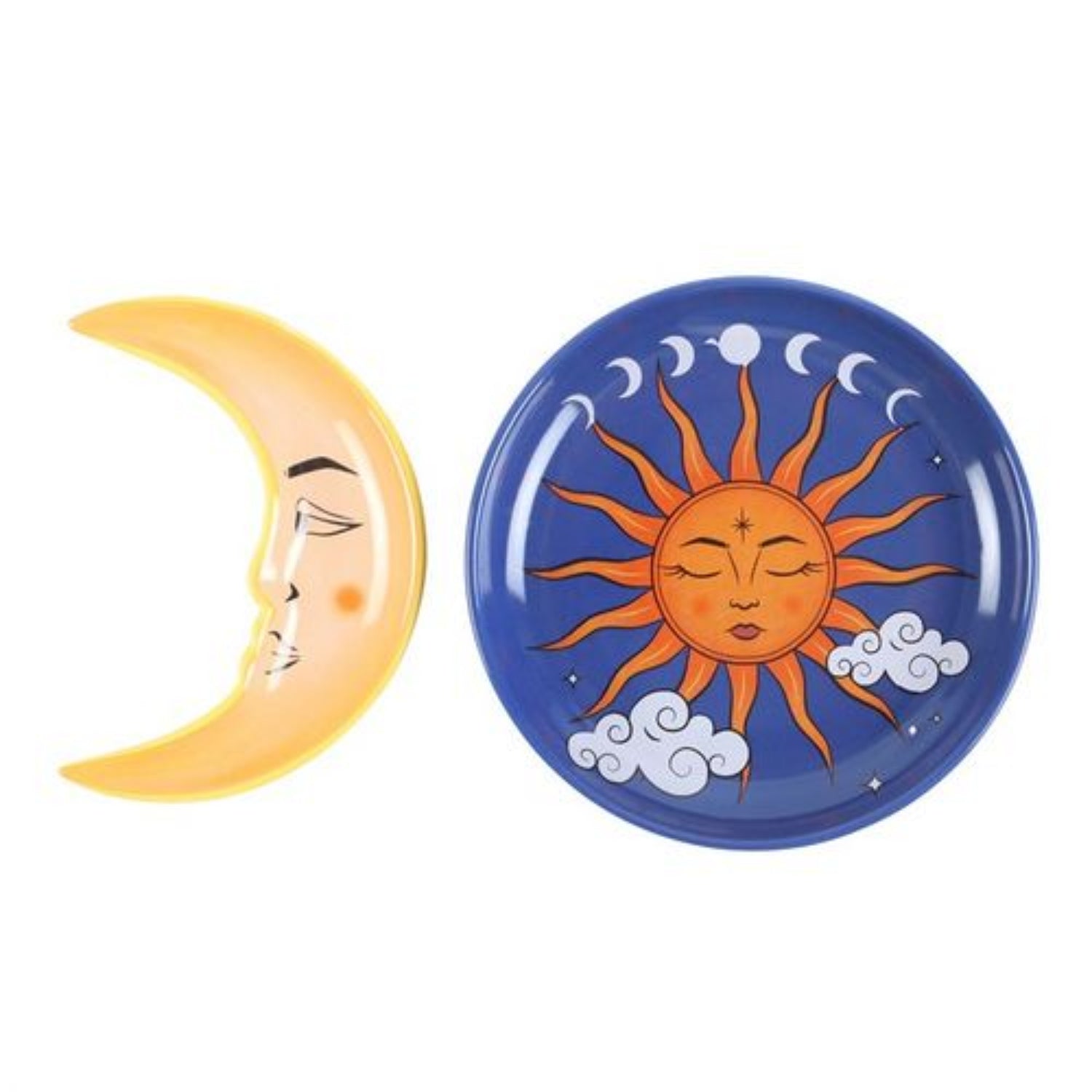 Decorative plates shaped like a crescent moon and a sun with faces on a white background