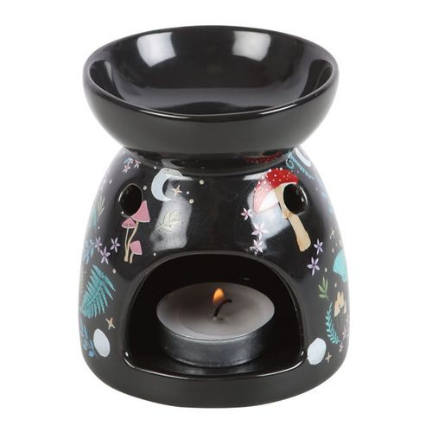 Black ceramic oil burner with fairy design on a white background