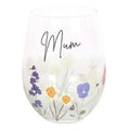 Stemless glass with 'Mum' script and purple, yellow, and white wildflower print