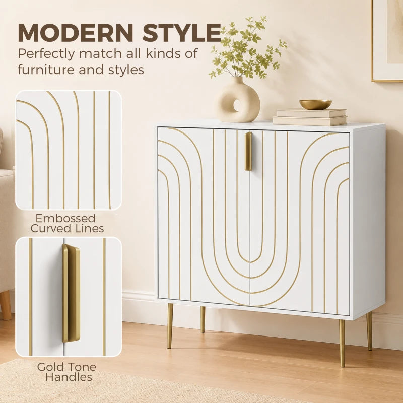 White cabinet with embossed curved gold lines, gold handle pulls, and metal legs