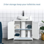 White under-sink cabinet with two doors and open storage featuring two-tier shelves