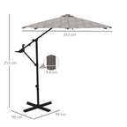 Cantilever outdoor umbrella with grey geometric canopy and black cross base