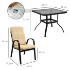 Beige outdoor armchair with black frame beside square dining table, shown with measurements