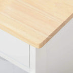 Rubberwood tabletop corner on a white rolling kitchen trolley