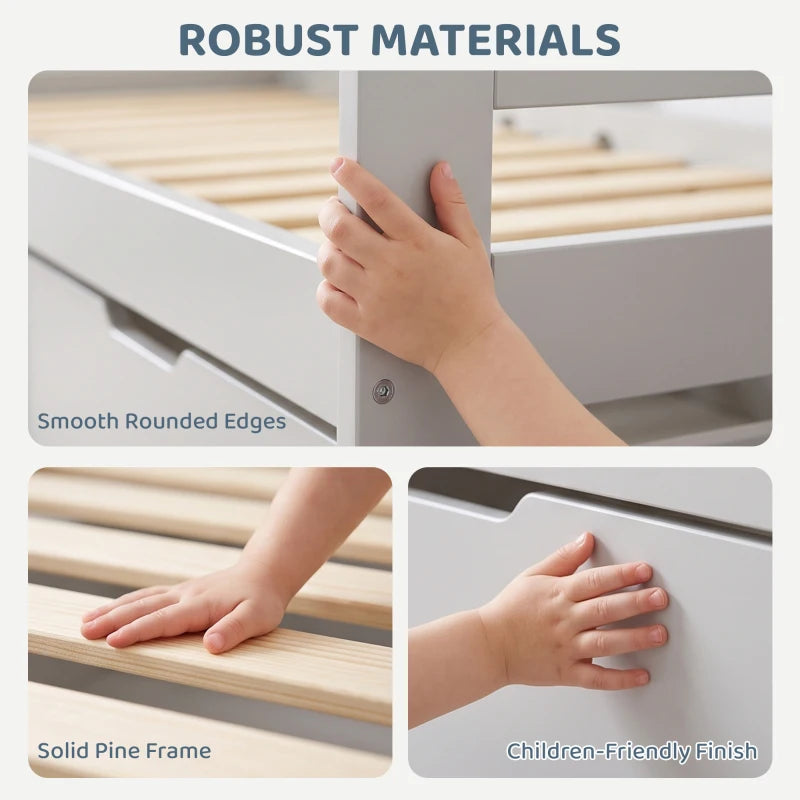 Grey kids bed frame with smooth rounded edges and solid pine frame details